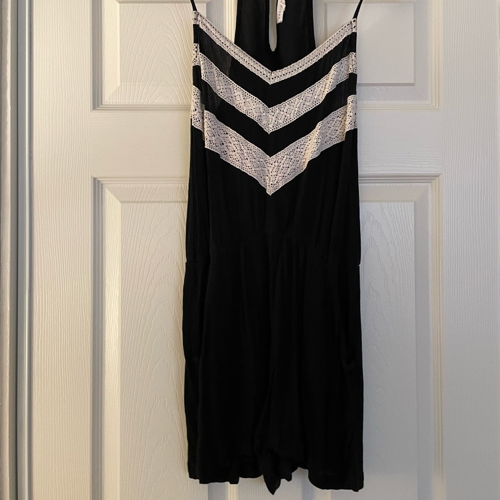 Socialite Black Gauzy Romper w/ Creamy White Lace Detail